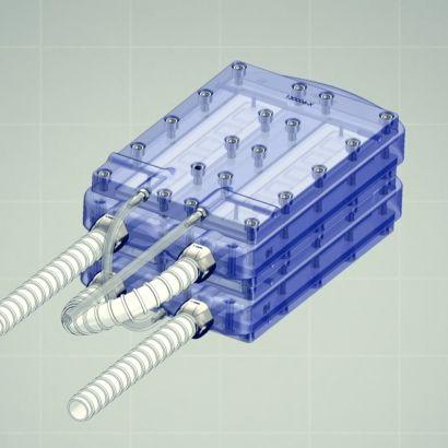 two blue plates with tubes